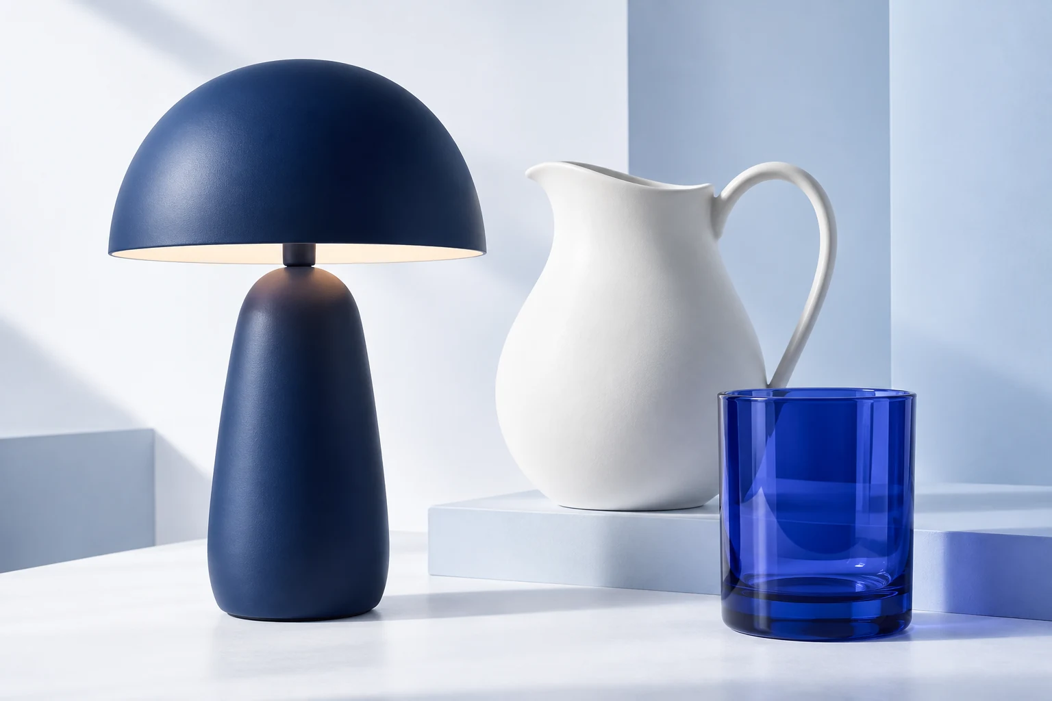 Illustrative products: a navy table lamp, white ceramic pitcher and blue glass